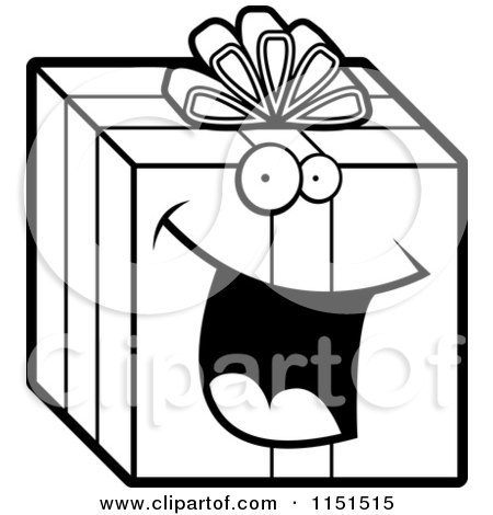 Cartoon Clipart Of A Black And White Happy Smiling Present - Vector Outlined Coloring Page by Cory Thoman