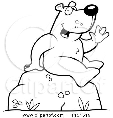 Cartoon Clipart Of A Black And White Friendly Bear Sitting on a Boulder and Waving - Vector Outlined Coloring Page by Cory Thoman