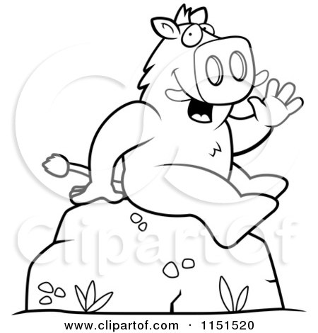 Cartoon Clipart Of A Black And White Friendly Boar Sitting on a Boulder and Waving - Vector Outlined Coloring Page by Cory Thoman