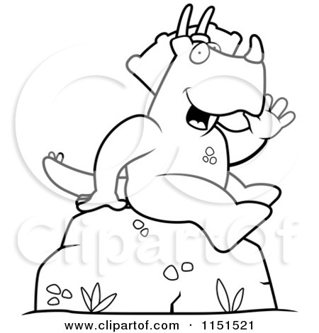 Cartoon Clipart Of A Black And White Sitting and Waving Triceratops - Vector Outlined Coloring Page by Cory Thoman
