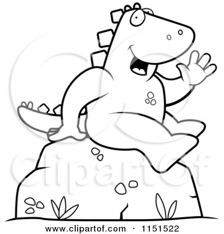 Cartoon Clipart Of A Black And White Friendly Dinosaur Sitting and Waving - Vector Outlined Coloring Page by Cory Thoman