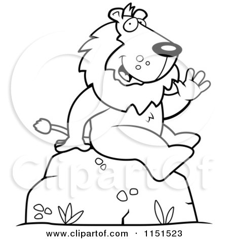 Cartoon Clipart Of A Black And White Friendly Lion Sitting and Waving - Vector Outlined Coloring Page by Cory Thoman