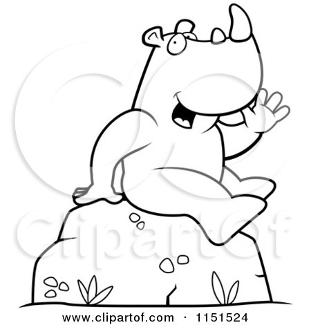Cartoon Clipart Of A Black And White Friendly Rhino Sitting on a Boulder and Waving - Vector Outlined Coloring Page by Cory Thoman
