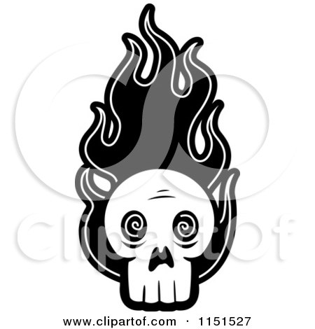 Cartoon Clipart Of A Black And White Skull with Flames - Vector Outlined Coloring Page by Cory Thoman