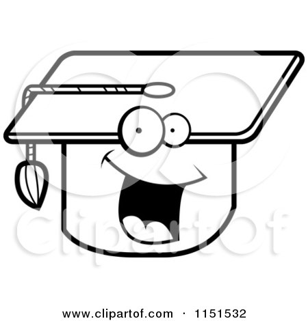 Cartoon Clipart Of A Black And White Happy Smiling Graduation Cap - Vector Outlined Coloring Page by Cory Thoman
