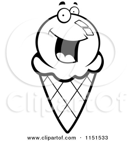 Cartoon Clipart Of A Black And White Excited Ice Cream Cone Character - Vector Outlined Coloring Page by Cory Thoman