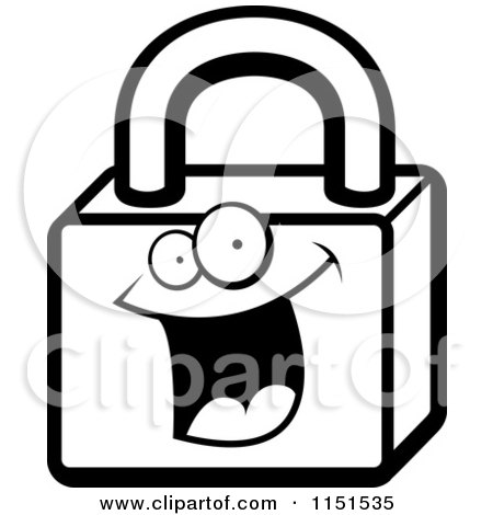 Cartoon Clipart Of A Black And White Excited Padlock Character - Vector Outlined Coloring Page by Cory Thoman