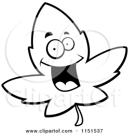 Cartoon Clipart Of A Black And White Excited Maple Leaf Character - Vector Outlined Coloring Page by Cory Thoman