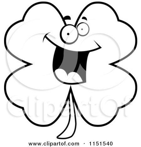 Cartoon Clipart Of A Black And White Excited Clover Character - Vector Outlined Coloring Page by Cory Thoman