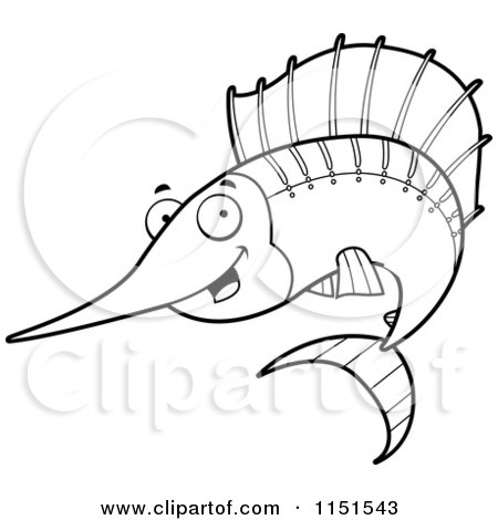 Cartoon Clipart Of A Black And White Happy Sailfish - Vector Outlined Coloring Page by Cory Thoman