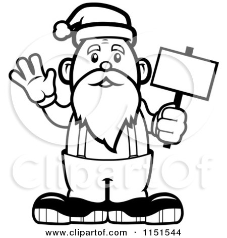 Cartoon Clipart Of A Black And White Santa Waving And Holding A Sign - Vector Outlined Coloring Page by Cory Thoman