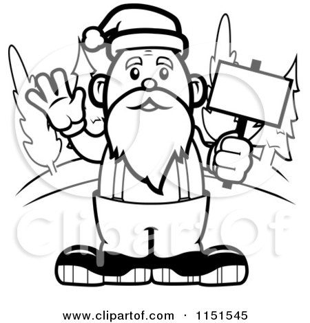 Cartoon Clipart Of A Black And White Santa Waving And Holding A Sign By Woods - Vector Outlined Coloring Page by Cory Thoman