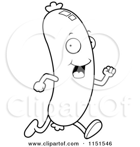 Cartoon Clipart Of A Black And White Running Sausage - Vector Outlined Coloring Page by Cory Thoman