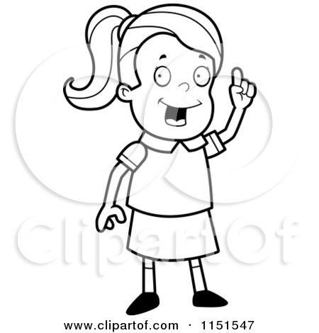 Cartoon Clipart Of A Black And White Smart School Girl with an Idea - Vector Outlined Coloring Page by Cory Thoman