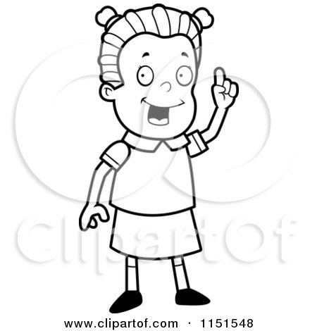 Cartoon Clipart Of A Black And White Smart School Girl Holding up a Finger - Vector Outlined Coloring Page by Cory Thoman