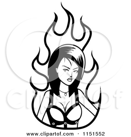 Cartoon Clipart Of A Black And White Sexy Woman In Flames - Vector Outlined Coloring Page by Cory Thoman