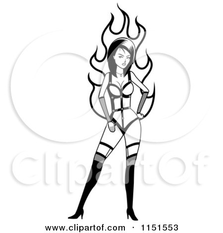 Cartoon Clipart Of A Black And White Sexy Woman With Flames - Vector Outlined Coloring Page by Cory Thoman