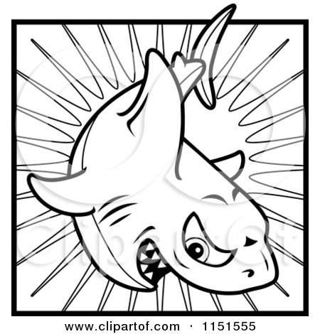 Cartoon Clipart Of A Black And White Tough Shark over a Burst - Vector Outlined Coloring Page by Cory Thoman