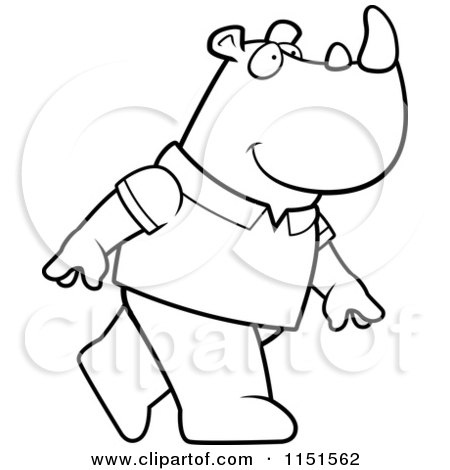 Cartoon Clipart Of A Black And White Rhino Wearing a Shirt and Walking Upright - Vector Outlined Coloring Page by Cory Thoman