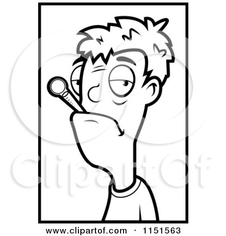 Cartoon Clipart Of A Black And White Sick Man with a Thermometer in His Mouth - Vector Outlined Coloring Page by Cory Thoman