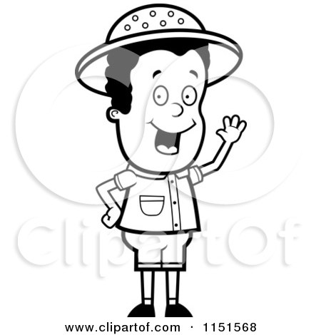 Cartoon Clipart Of A Black And White Safari Boy Waving - Vector Outlined Coloring Page by Cory Thoman
