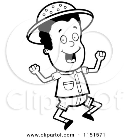 Cartoon Clipart Of A Black And White Safari Boy Jumping - Vector Outlined Coloring Page by Cory Thoman