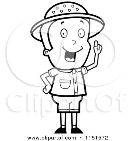 Cartoon Clipart Of A Black And White Safari Boy Holding up a Finger and Expressing an Idea - Vector Outlined Coloring Page by Cory Thoman