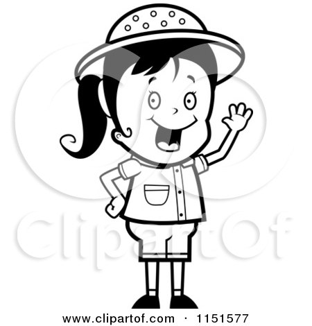Cartoon Clipart Of A Black And White Waving Happy Safari Girl - Vector Outlined Coloring Page by Cory Thoman