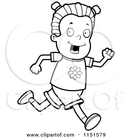 Cartoon Clipart Of A Black And White Running Girl - Vector Outlined Coloring Page by Cory Thoman