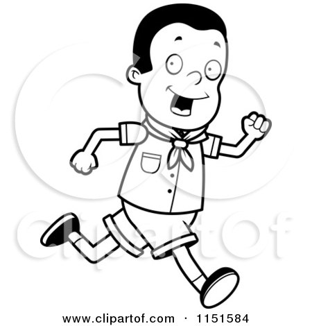 Cartoon Clipart Of A Black And White Scout Boy Running - Vector Outlined Coloring Page by Cory Thoman