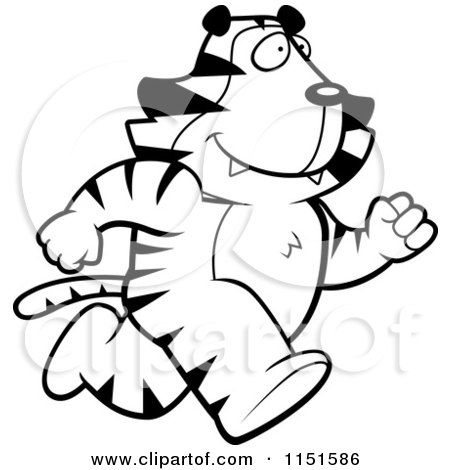 Cartoon Clipart Of A Black And White Running Tiger Heading Right - Vector Outlined Coloring Page by Cory Thoman