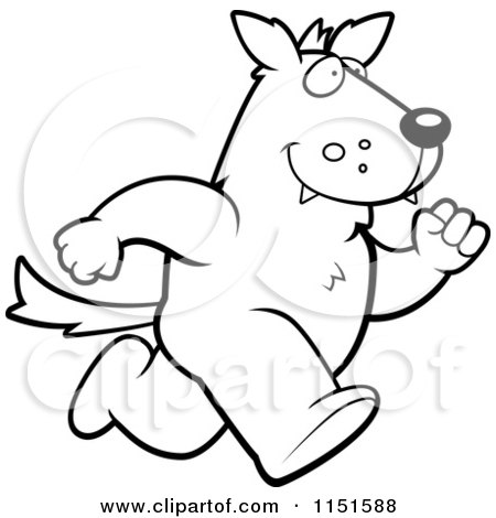 Cartoon Clipart Of A Black And White Running Wolf Character - Vector Outlined Coloring Page by Cory Thoman