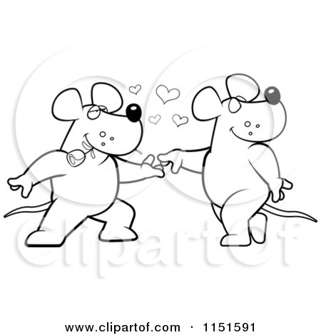 Cartoon Clipart Of A Black And White Romantic Rat Pair Dancing - Vector Outlined Coloring Page by Cory Thoman