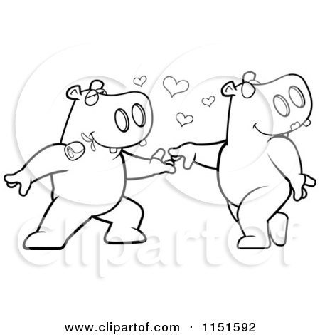 Cartoon Clipart Of A Black And White Amorous Hippo Character Biting a Rose and Dancing with a Female - Vector Outlined Coloring Page by Cory Thoman