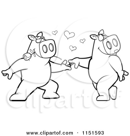 Cartoon Clipart Of A Black And White Dancing Pig Pair - Vector Outlined