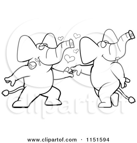 Cartoon Clipart Of A Black And White Romantic Elephant Pair Dancing -  Vector Outlined Coloring Page by Cory Thoman #1151594