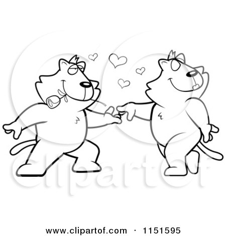 Cartoon Clipart Of Black And White Romantic Cats Dancing Together - Vector Outlined Coloring Page by Cory Thoman