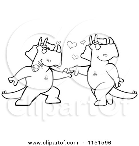 Cartoon Clipart Of A Black And White Romantic Triceratops Couple Dancing - Vector Outlined Coloring Page by Cory Thoman