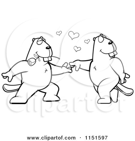 Cartoon Clipart Of A Black And White Beaver Couple Doing a Romantic Dance - Vector Outlined Coloring Page by Cory Thoman