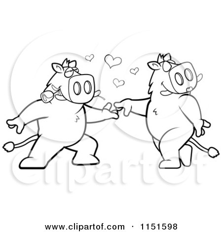 Cartoon Clipart Of A Black And White Boar Couple Doing a Romantic Dance - Vector Outlined Coloring Page by Cory Thoman