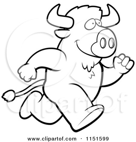 Cartoon Clipart Of A Black And White Buffalo Running - Vector Outlined Coloring Page by Cory Thoman