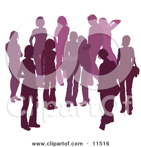 Purple Group of Silhouetted People Hanging Out in a Crowd, Two Friends Embracing in the Middle Clipart Illustration by AtStockIllustration