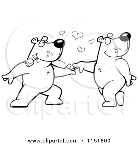 Cartoon Clipart Of A Black And White Bear Couple Doing a Romantic Dance - Vector Outlined Coloring Page by Cory Thoman