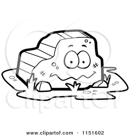 Cartoon Clipart Of A Black And White Smiling Boulder - Vector Outlined Coloring Page by Cory Thoman