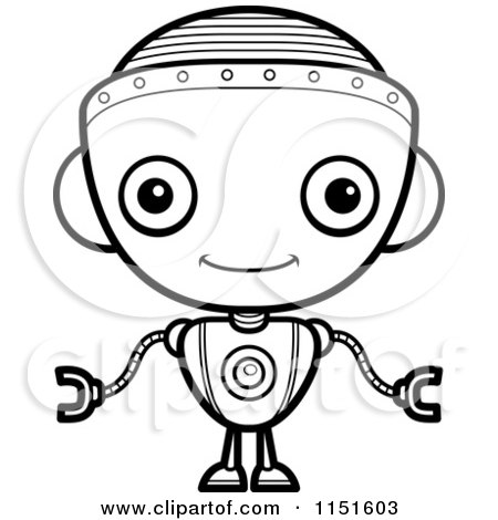 Cartoon Clipart Of A Black And White Robot Girl Facing Forward - Vector Outlined Coloring Page by Cory Thoman