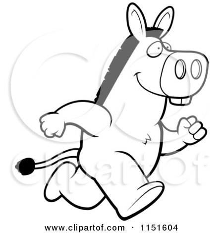 Cartoon Clipart Of A Black And White Donkey Running Upright - Vector Outlined Coloring Page by Cory Thoman