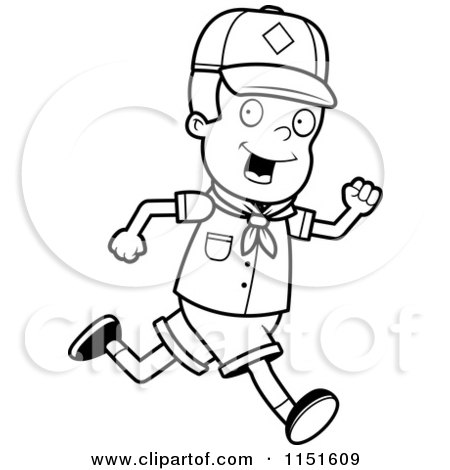 Cartoon Clipart Of A Black And White Cub Scout Boy Running - Vector Outlined Coloring Page by Cory Thoman