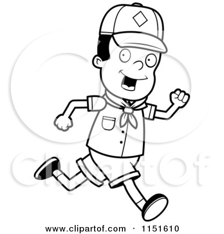 Cartoon Clipart Of A Black And White African American Cub Scout Boy Running - Vector Outlined Coloring Page by Cory Thoman