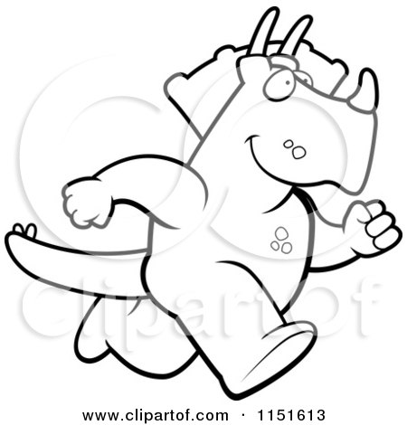 Cartoon Clipart Of A Black And White Running Triceratops - Vector Outlined Coloring Page by Cory Thoman