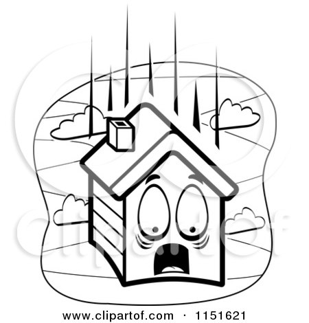 Cartoon Clipart Of A Black And White Scared House Falling - Vector Outlined Coloring Page by Cory Thoman